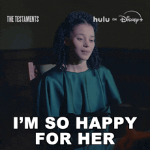 a poster for the testaments shows a woman sitting in a chair and says i 'm so happy for her