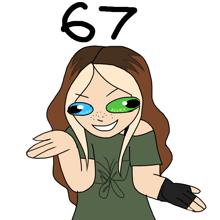 a girl with green eyes and the number 67 above her