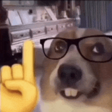 a dog wearing glasses and a yellow hand giving a horns up sign