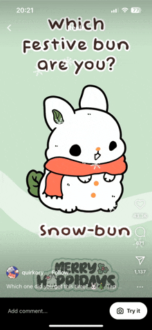 a screenshot of a rabbit wearing a scarf with the words " which festive bun are you "