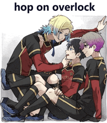 a picture of three anime characters with the words hop on overlock above them