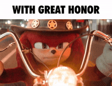 a cartoon character riding a motorcycle with the words " with great honor " below him