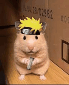 a hamster is wearing a naruto headband and holding a lighter .