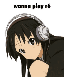 a girl wearing headphones with the words " wanna play r6 " below her