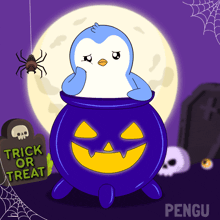 a penguin in a cauldron with trick or treat written on a gravestone