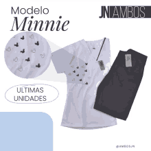 a white shirt with minnie mouse embroidery and black shorts