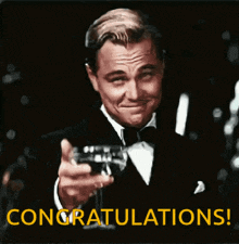 a man in a tuxedo is toasting with a glass of wine and the words congratulations on the bottom