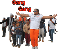 a group of people are standing in front of a white background with the words gang gang above them