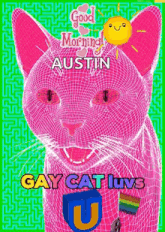 a pink cat with a rainbow flag and a sun on its head is on a green background .