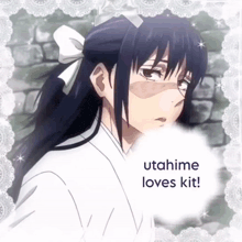 a picture of a girl with the words " utahime loves kit " above her