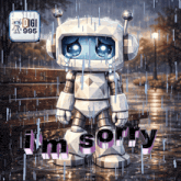 a crying robot with the words i 'm sorry written below it