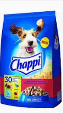 a bag of chappi dog food with a dog on it