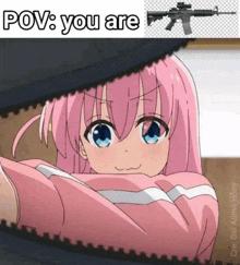 a picture of a girl with a gun and the words pov you are