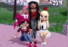 a group of three dolls standing next to each other on a sidewalk .