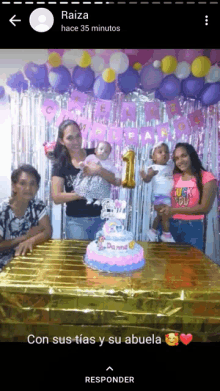 a group of people standing around a table with a birthday cake and balloons