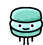 a cartoon drawing of a blue macaron with a face on it