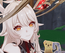 a close up of a cartoon character with white hair and red eyes