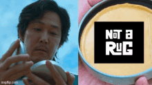 a picture of a man and a picture of a cookie that says " not a rug "