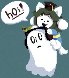 a pixel art of a ghost with a speech bubble that says " ho "