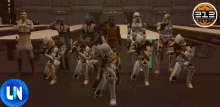 a group of clone troopers are standing in a room with a blue ln button in the corner