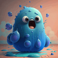 a cartoon drawing of a blue monster with bubbles coming out of it 's mouth