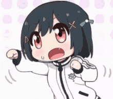 a cartoon girl with red eyes and black hair is dancing and making a funny face .