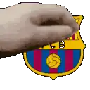 a hand is touching a fcb emblem with a soccer ball on it