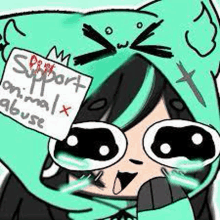 a cartoon of a girl wearing a green hoodie holding a sign that says `` support animal abuse '' .