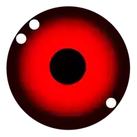 a close up of a red eye with a black circle in the middle