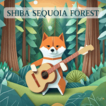 an illustration of a dog playing a guitar with the words shiba sequoia forest below it