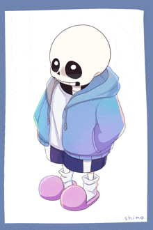 a drawing of a skeleton wearing a blue jacket and pink socks