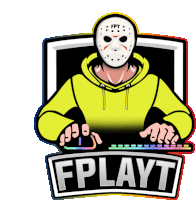 a logo for fplayt shows a man wearing a mask and a yellow hoodie