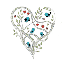 a drawing of a heart shaped tree with birds and butterflies