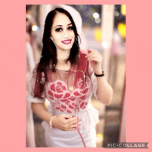 a picture of a woman with headphones and a pink background with the words pic collage on the bottom