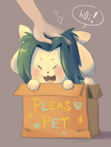 a drawing of a cat sitting in a box that says please pet