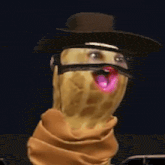 a peanut wearing a cowboy hat and scarf with a pink tongue sticking out