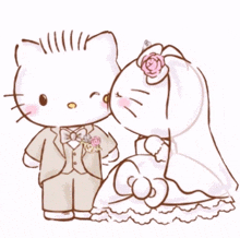 a bride and groom hello kitty are kissing