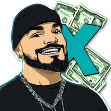 a man with a beard is smiling in front of a pile of money that says 10