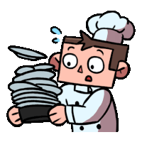 a cartoon of a chef holding a stack of dirty plates