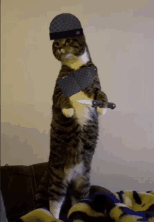 a cat standing on its hind legs holding a knife