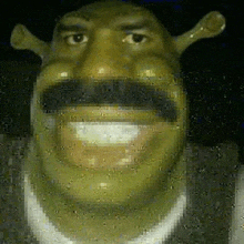 a close up of shrek 's face with a big smile on it .