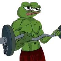 a green frog is lifting a barbell with chains attached to it