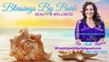 an ad for blessings by barb beauty and wellness with a woman on the beach