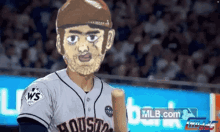 a baseball player with a mask on his face and a mlb.com logo in the background