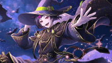 a girl in a witch costume is waving at the camera while wearing a witch hat .