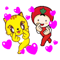 a cartoon of a cat and a boy dressed as a tomato with pink hearts surrounding them