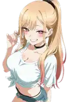a blonde anime girl with red eyes and a choker on her neck