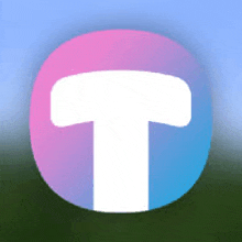 a white letter t in a pink and blue circle