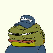 a cartoon frog wearing a blue hat that says shoppy