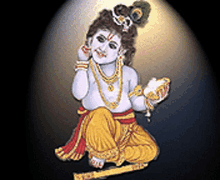 a painting of a baby krishna holding a bowl and a flute